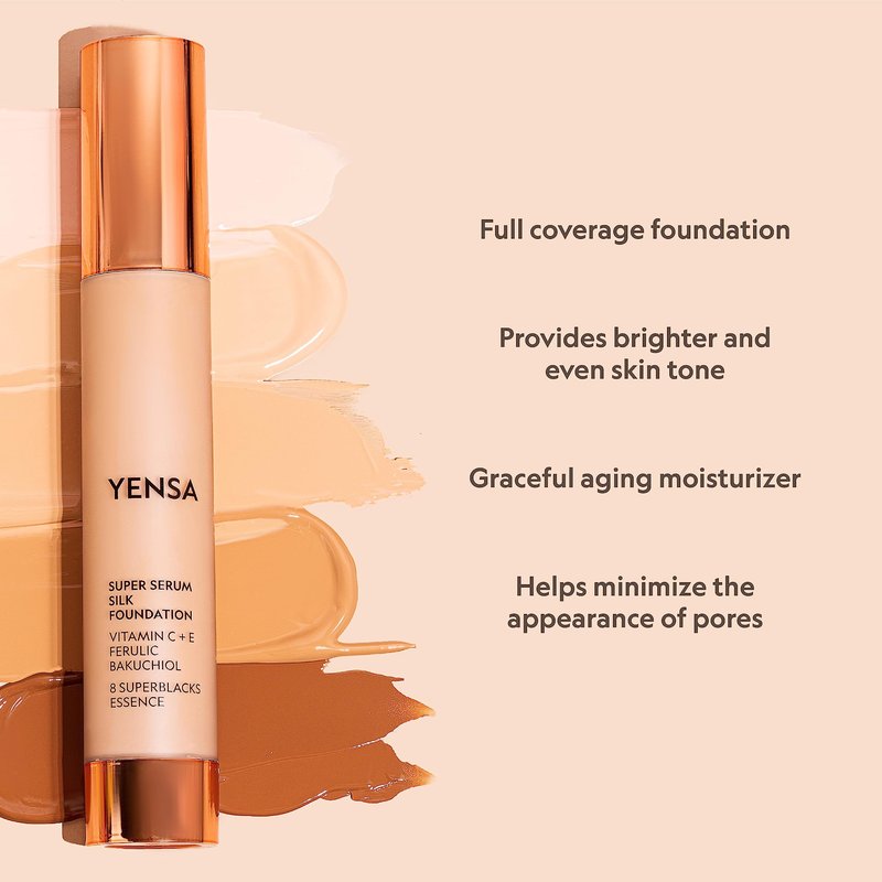YENSA Super Serum Silk Foundation - Hydrating, Full Coverage Foundation with Vitamin C & Bakuchiol Oil - Blurs Imperfections & Evens Skin Tone - Korean Skin Care Makeup - Tan 1 (1 oz)
