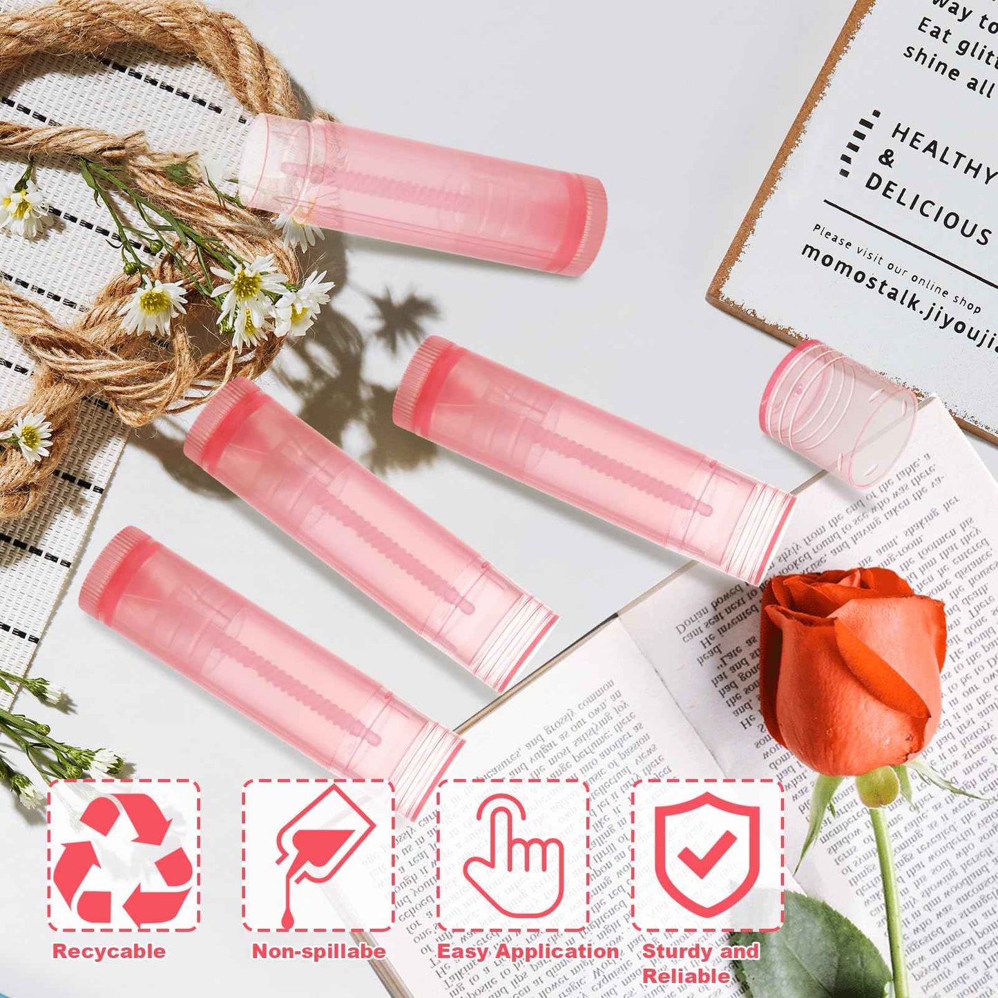 LANIAKEA 100PCS Lip Balm Tubes with Filling Tray and Spatula Set, Clear Containers with Pink Caps, Empty Chapstick Tubes Bulk for DIY Lipstick Homemade 3/16 Oz (5.5 ml)