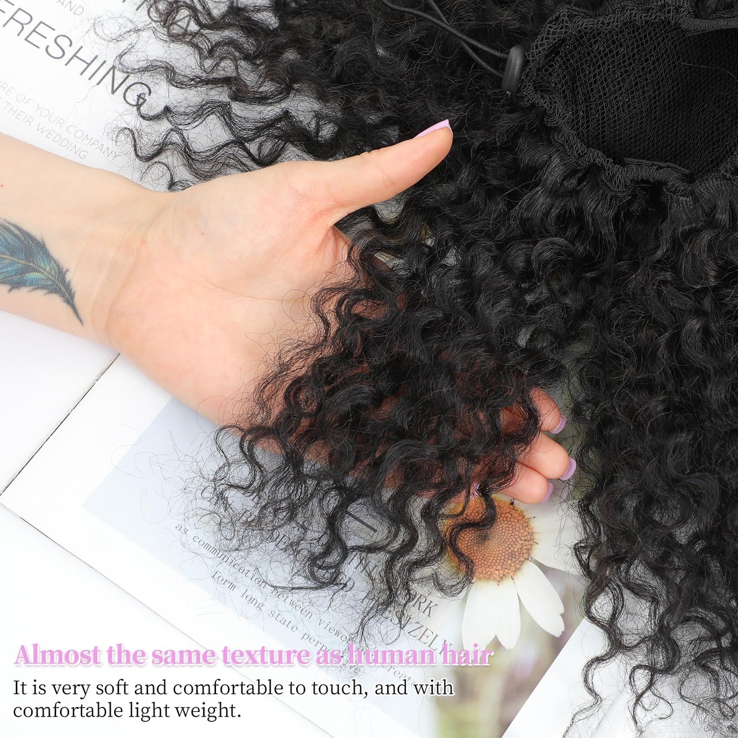 Urbeauty Drawstring Curly Ponytail Extensions Pink Mango Protein Silk Fiber Human Hair Soft Feeling Afro Kinky Curly Hair Puff Pony tails Lightweight, Soft Natural Budget for Daily Styles