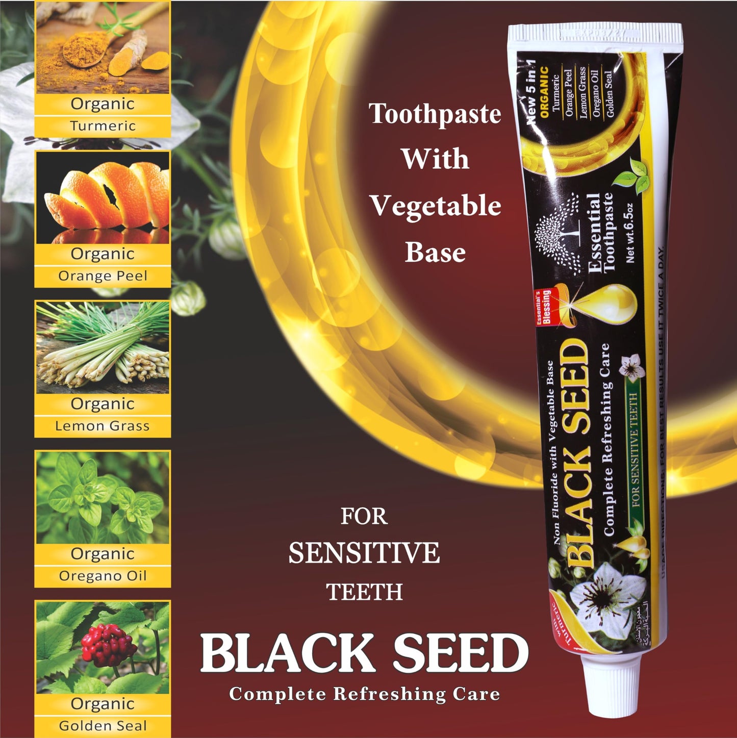 Organic Black Seed Essential Toothpaste 5 in 1 100% Fluoride Free & Vegetable Base for Sensitive Teeth.