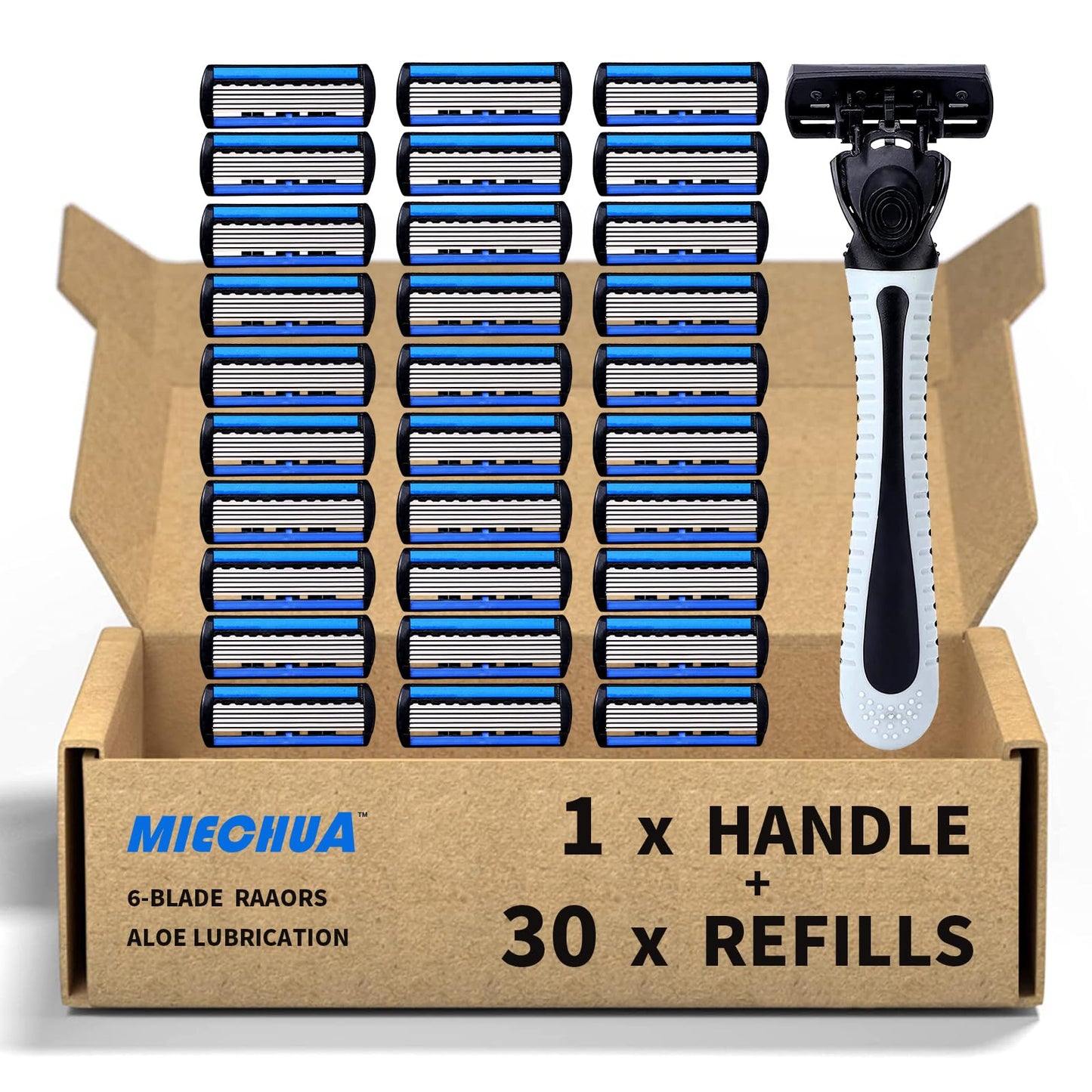 6-Blade Razor,Plastic Anti-slip Men Manual Refill Cartridges razors, Reusable Face Cleansing Care Tool, 30 pcs refill cartridges, Shave Supplies for Men and Women - Black