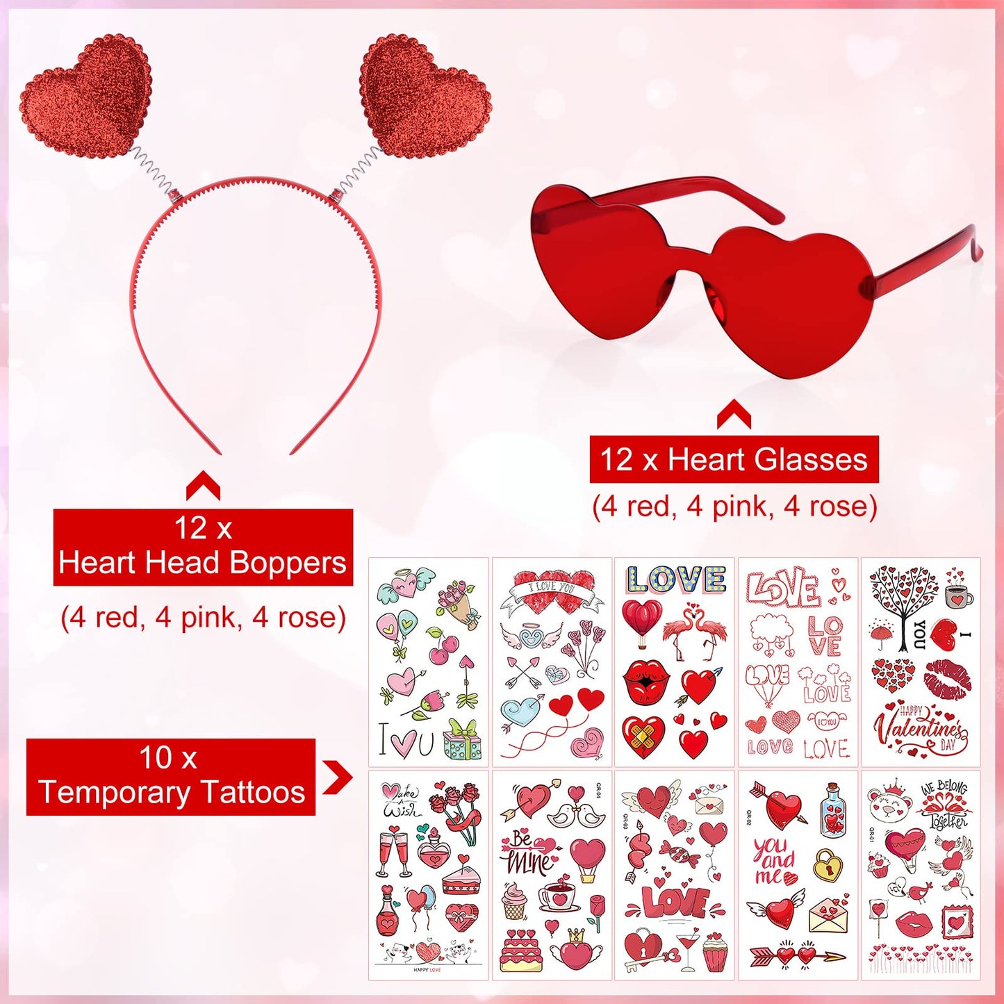 PLULON 34 Pieces Valentines Heart Headbands Heart Shape Sunglasses Temporary Tattoos Stickers Valentines Day Accessories Red Head Bopper Grasses for women Party Props Holiday Birthday