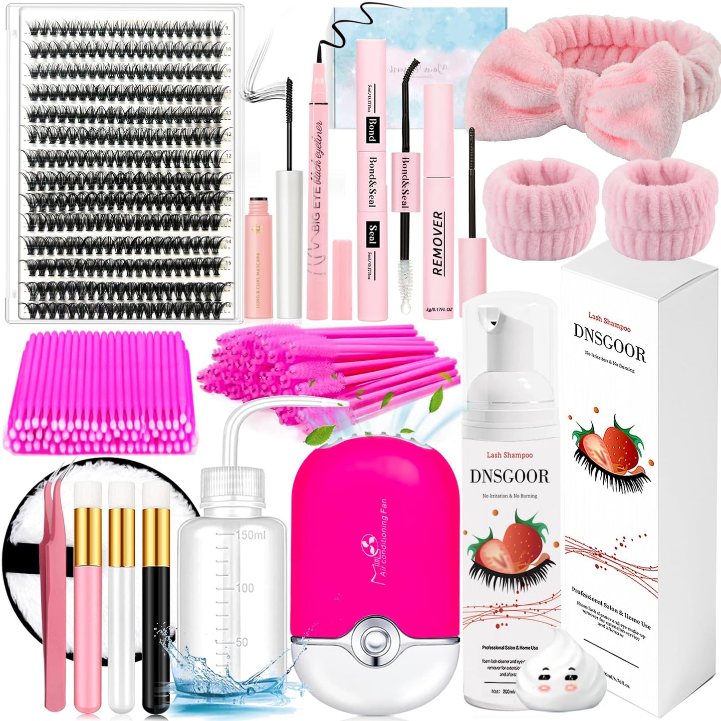 DIY Lash Extension Kit with 280 PCS 9-16mm 40D Lashes Clusters 200ml/6.7fl.oz Lash Cleanser Eyelash Shampoo Mini USB Portable Lash Fan Bond and Seal Remover Eyeliner Eyelid Cleaning Brush