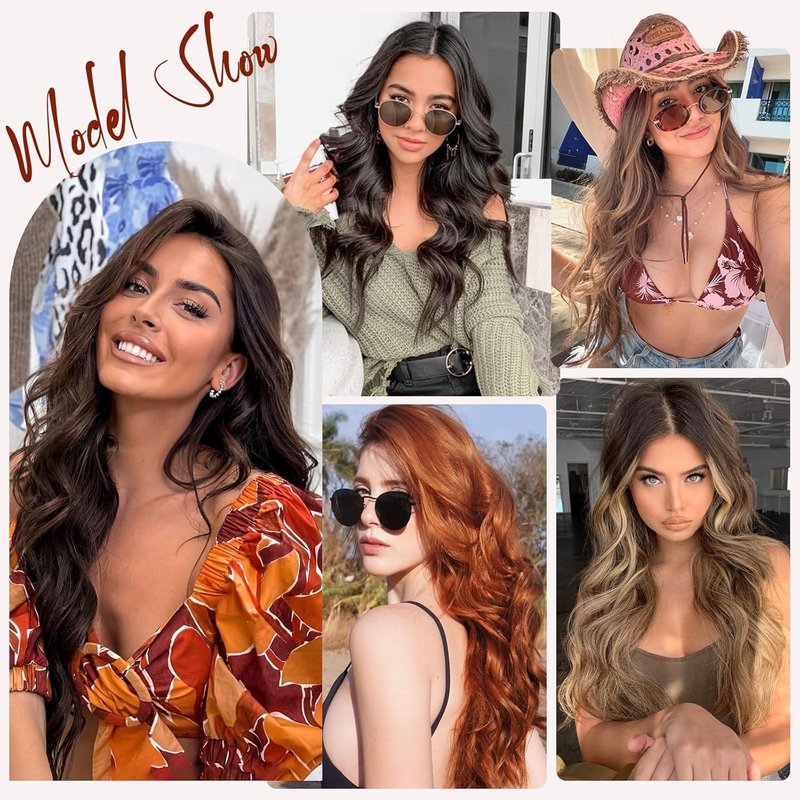 Long Wavy Hair Extensions - 4PCS Copper Red Curly Synthetic Thick Hairpieces | 20 Inch Double Weft Full Head