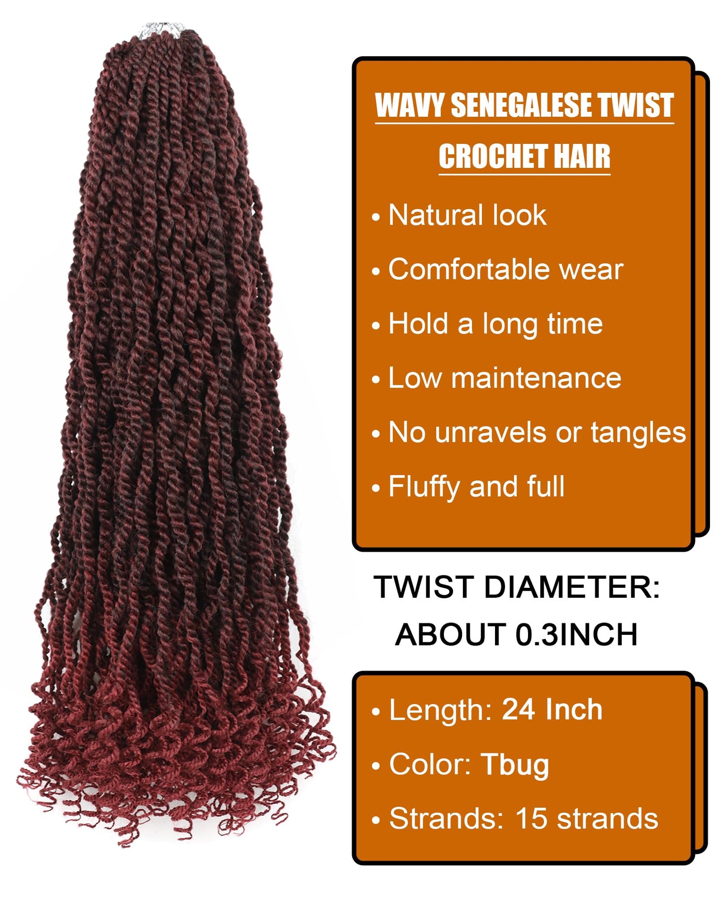 Burgundy Senegalese Twist Crochet Hair for Black Women 24 Inch 8 Packs Pre Looped Kinky Twists Crochet Braids with Curly Ends Short 2 Strand Rope Twists (Tbug)