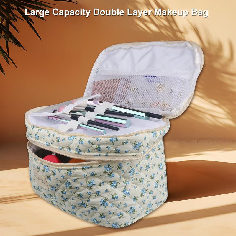 Quilted Floral Makeup Bag Set for Women - Dual Layer Travel Cosmetic Organizer | Blue Rose (3 Pcs)