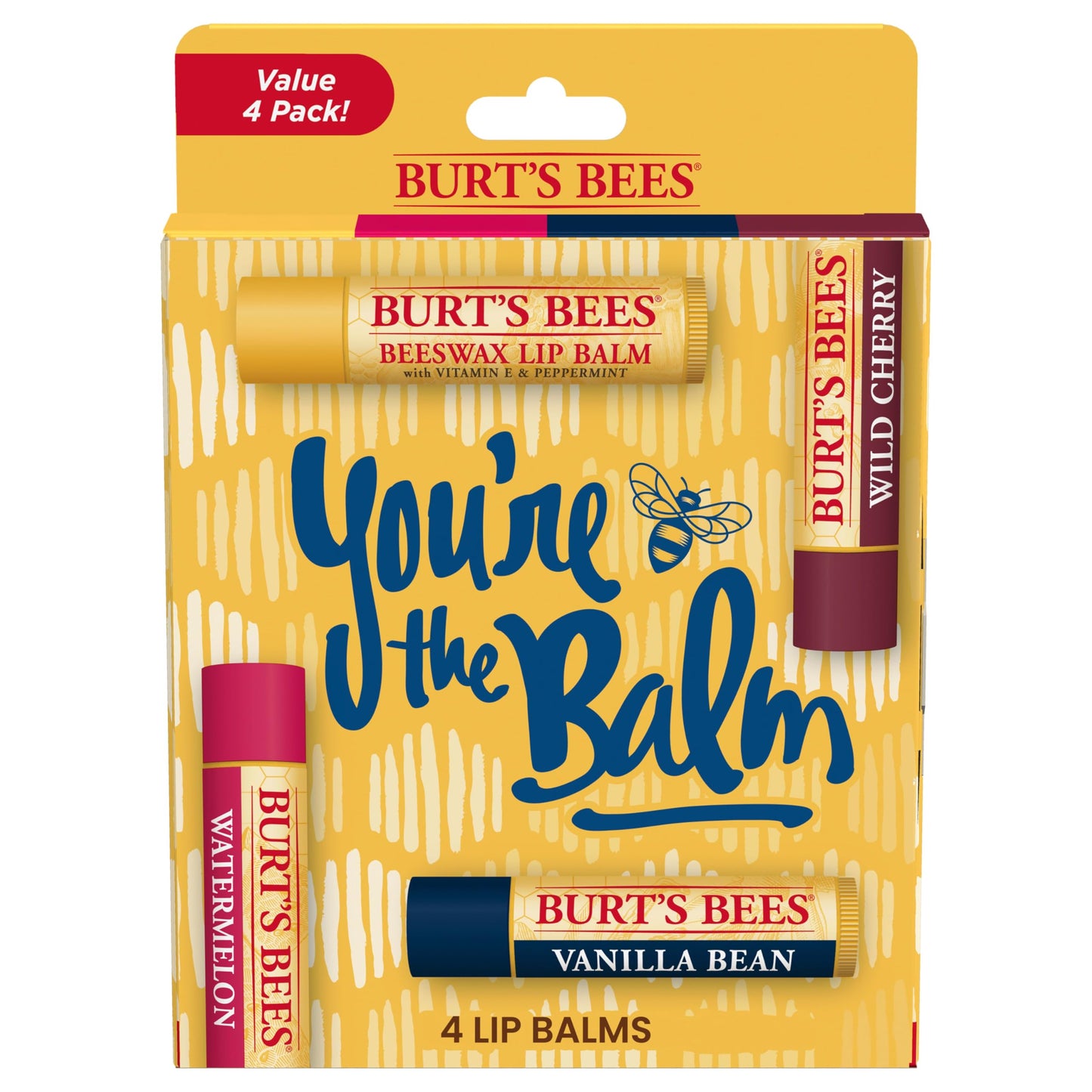 Burt's Bees You're the Balm Lip Balm Pack, With Beeswax, Wild Cherry, Watermelon and Vanilla Bean Flavors, With Responsibly Sourced Beeswax, Tint-Free, Natural Origin Lip Treatment, 4 Tubes, 0.15 oz.