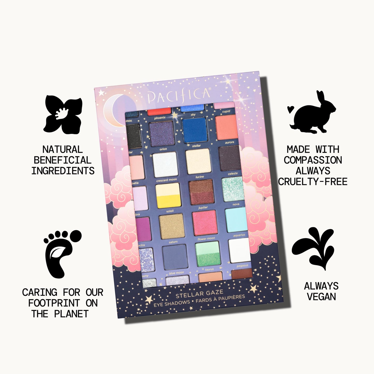Pacifica Stellar Gaze Eye Shadow Palette - 28 Shades Mineral Eye Shadow Face Makeup Blendable Pigmented Dreamy Pastels, Neutrals, Matte Shimmer & Glitter Finishes w/Vitamin E Talc-Free Vegan Clean