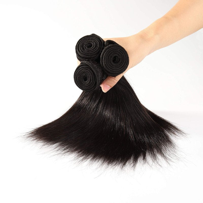 SINGLE BEST Brazilian Human Hair Bundles with Closure 10A Straight Bundles with Lace Closure 3 Bundles Human Hair with Lace Closure Free Part Natural Color (Straight, 8 8 8+8inch)