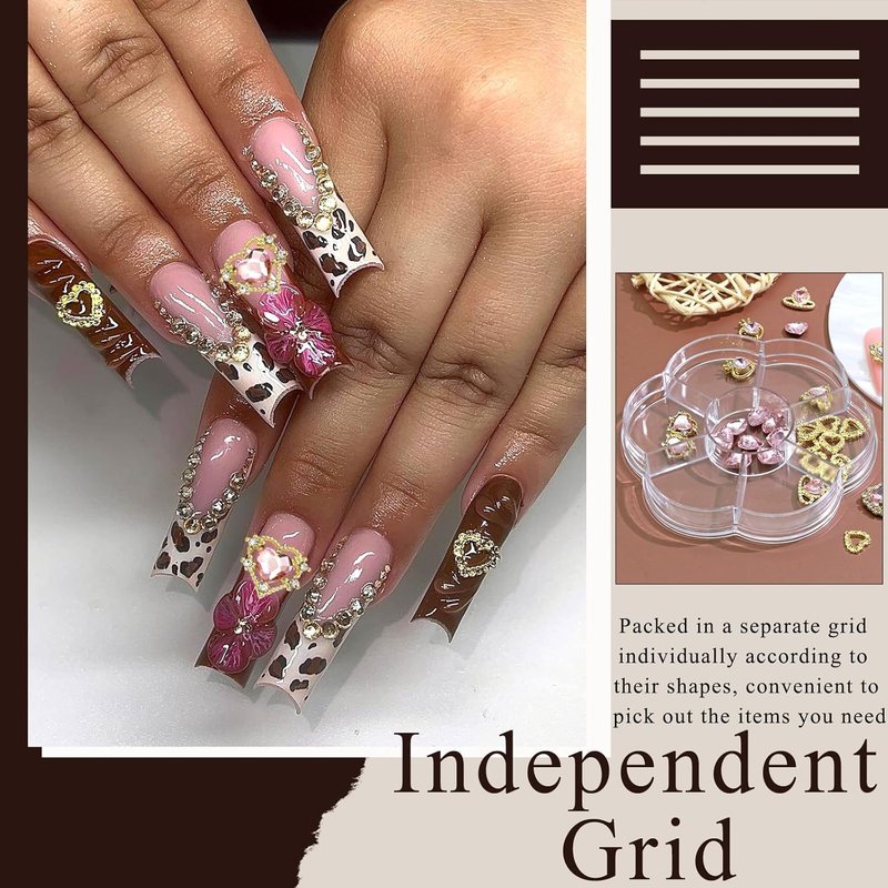 3D Pink Heart Nail Charms Kit - Shiny Gold Nail Gems & Rhinestones | 7 Unique Shapes for DIY Nail Art