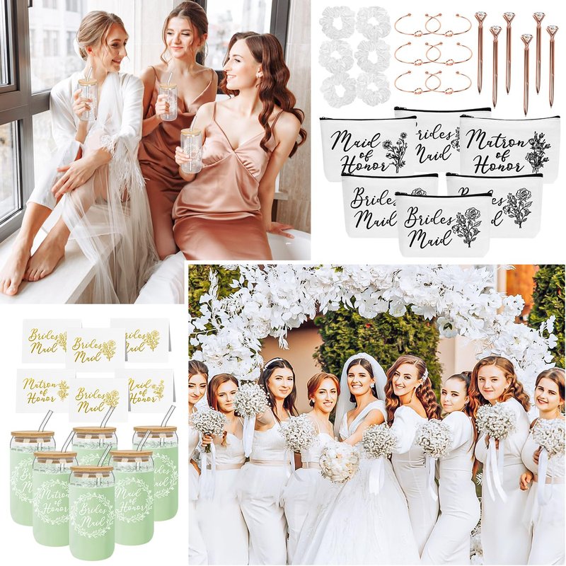 Nimbbex 36Pcs Bridesmaid Proposal Gifts,Maid of Honor Gifts Matron of Honor Gifts,include 16oz Glass Cups Makeup Bags Scrunchies Knot Bracelets Bridesmaid Cards Diamond Pens for Wedding