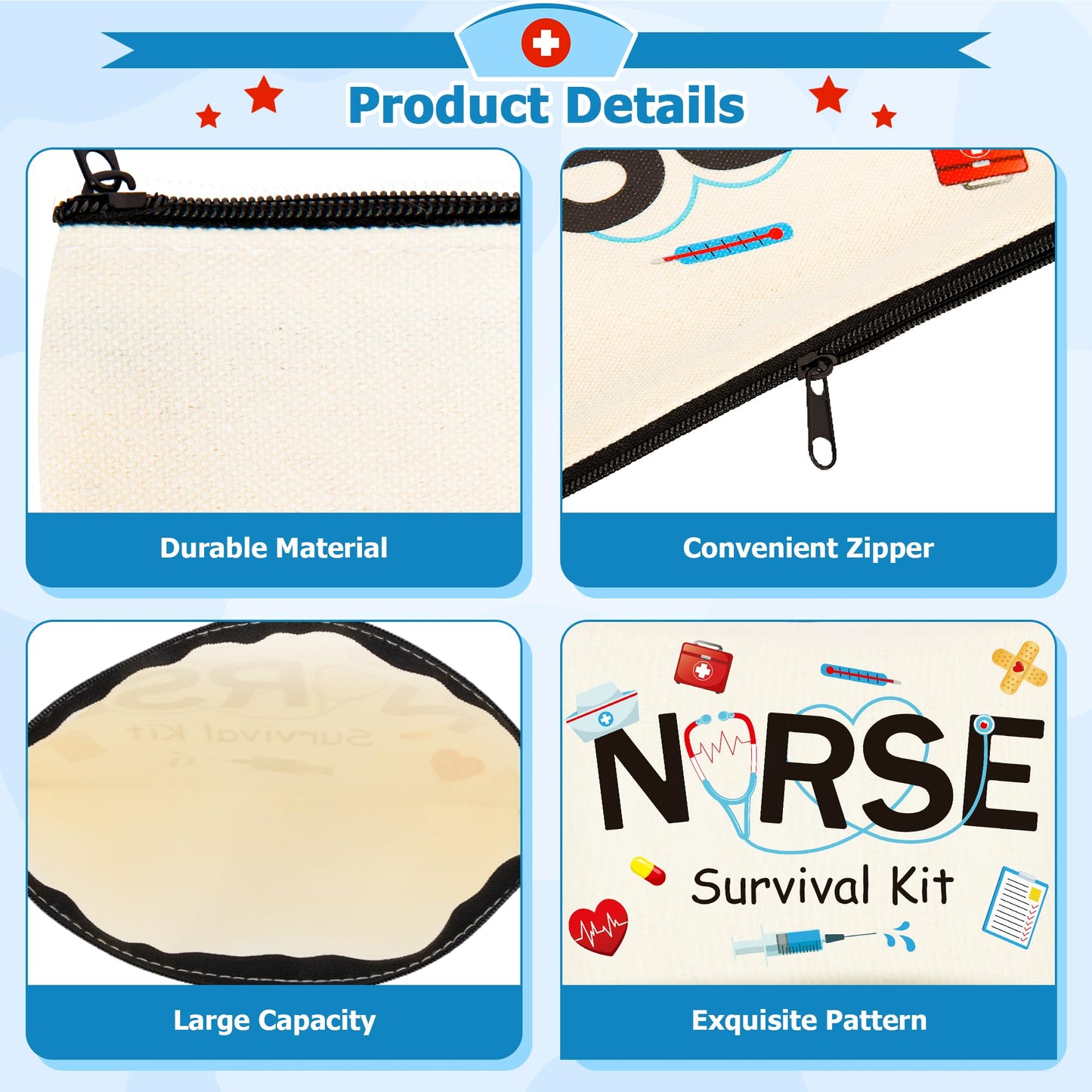ZATAYE Nurses Week Accessories, 24 PCS Nurse Survival Kit Bag, Canvas Zipper Pouch Nurse Practitioner Accessories, Nurse Zipper Travel Makeup Bag for Women Girls Nurses Nurse Party