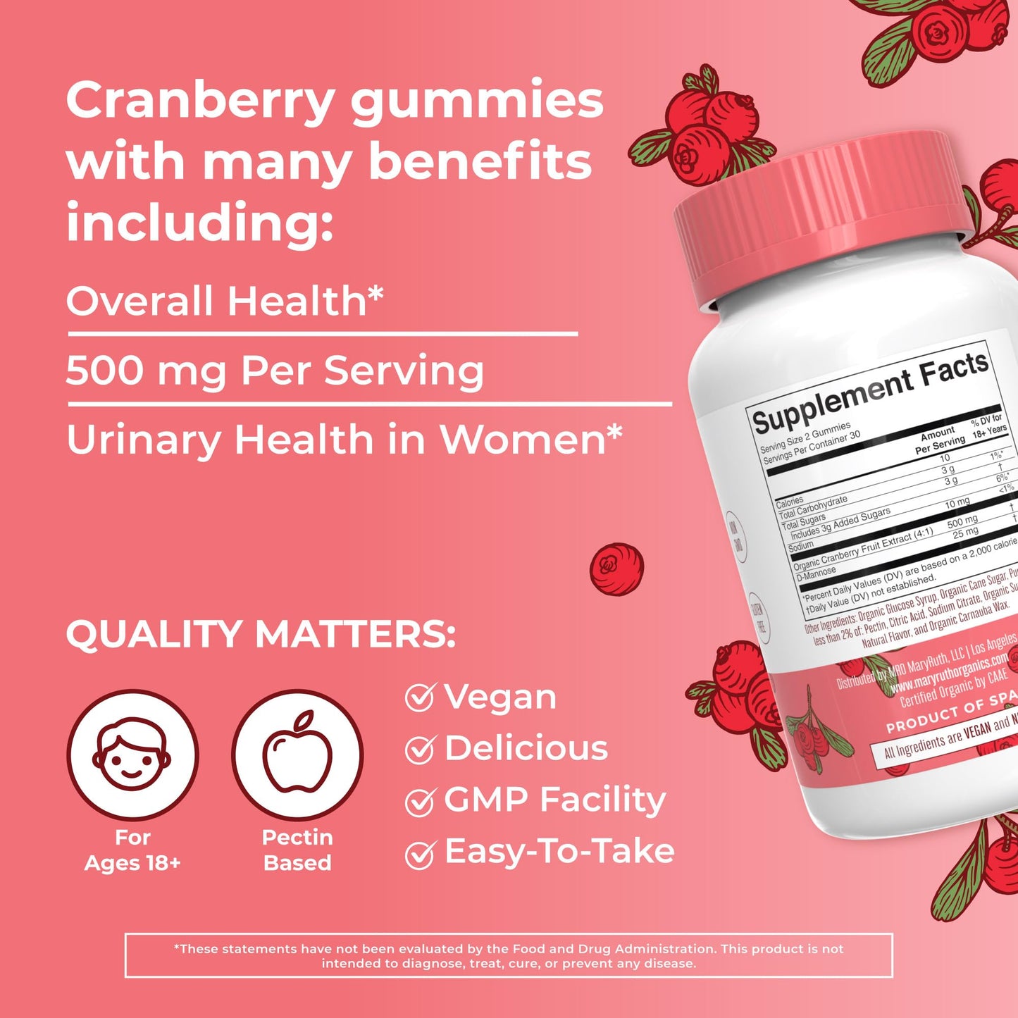 MARYRUTH'S Organics Organic Cranberry Gummies - 500mg Supplement | Urinary Tract Health for Women | with D Mannose | Traditional Use | USDA Organic | Vegan | Non GMO | 30 Servings