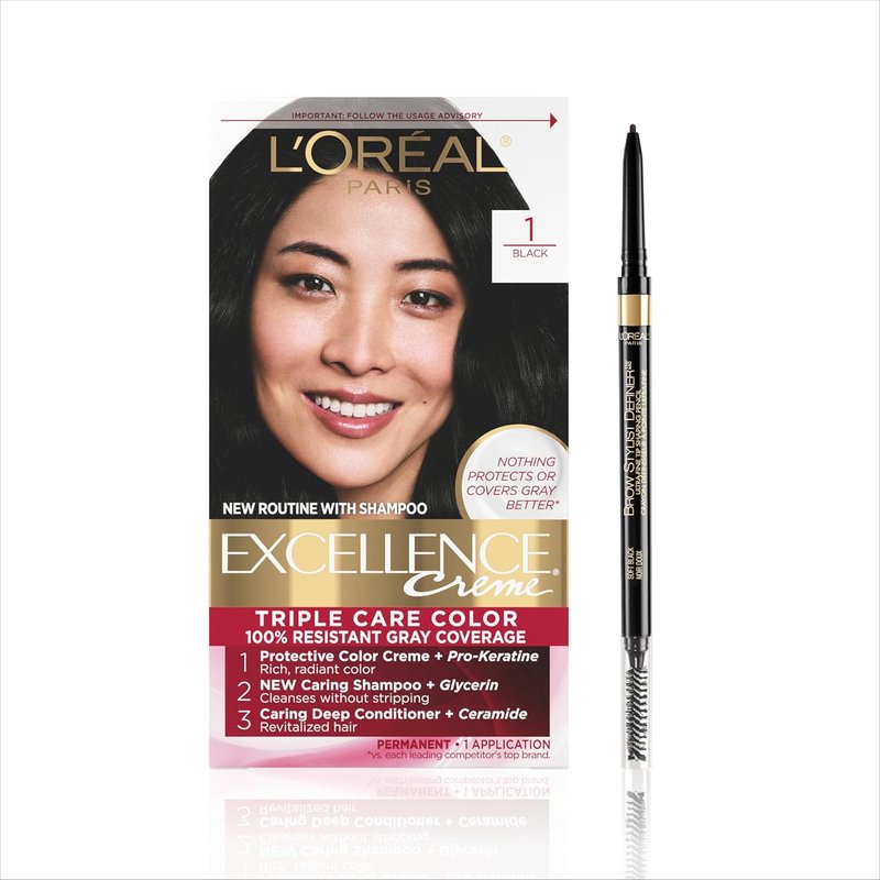 L'Oreal Paris Hair Color & Eyebrow Pencil Bundle - Excellence 1 Black Dye + Soft Black Definer Pencil