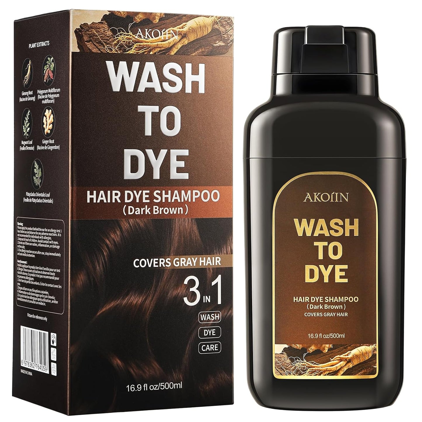 Hair Dye Shampoo for Gray Hair - 30-Minute Ammonia-Free Color for Men & Women | Dark Brown, 500ml