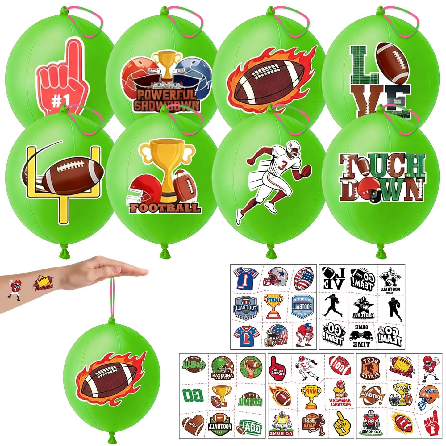 114PCS Football Party Favors – 90 Pre-Cut Temporary Tattoos & 24 Football Punch Balloons Themed Birthday Party Decorations Supplies Favors Gifts Goodie Bag Fillers Classroom Rewards for Boys Girls