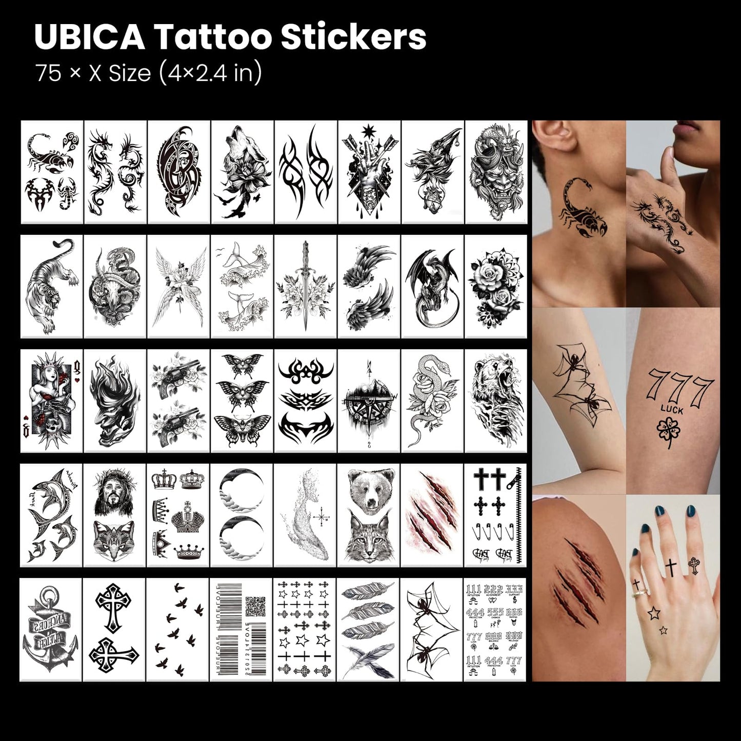 105 Sheets Large Temporary Tattoos For Women Men Adult, Dragon Tiger Wolf Tribal Christian Floral Realistic Fake Tattoo Stickers for Arm Leg Hand, Waterproof & Non-Reflective