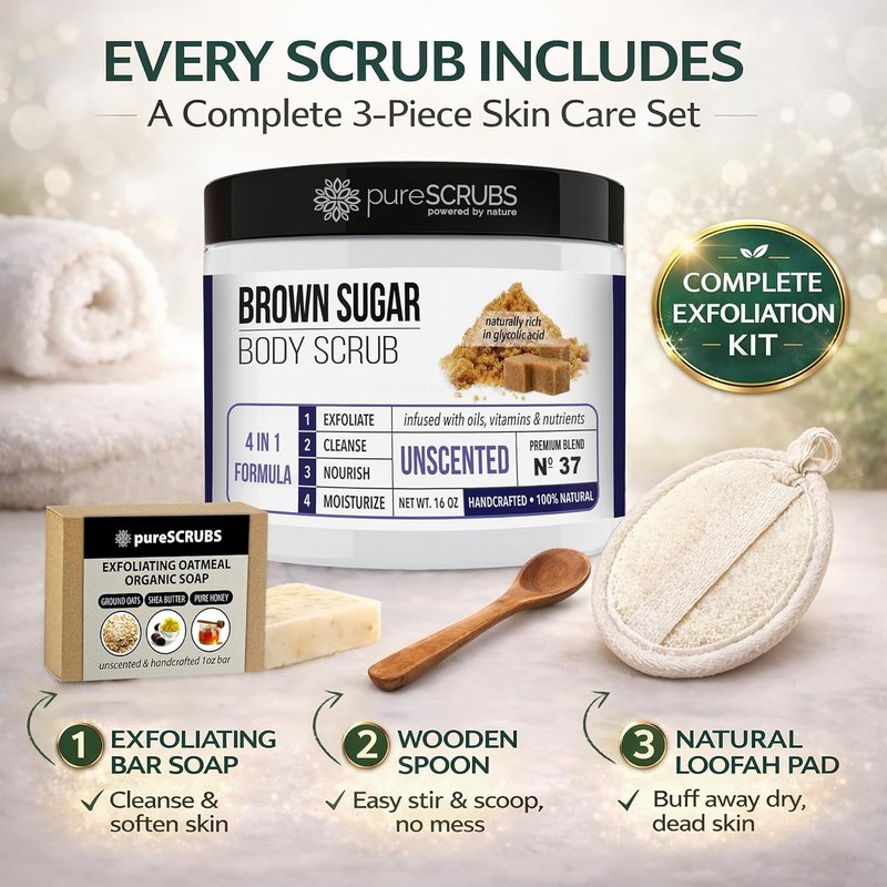 Premium Unscented Brown Sugar Body Scrub - 16oz Jar | Exfoliating Face, Feet & Full Body Care with Spoon & Loofah