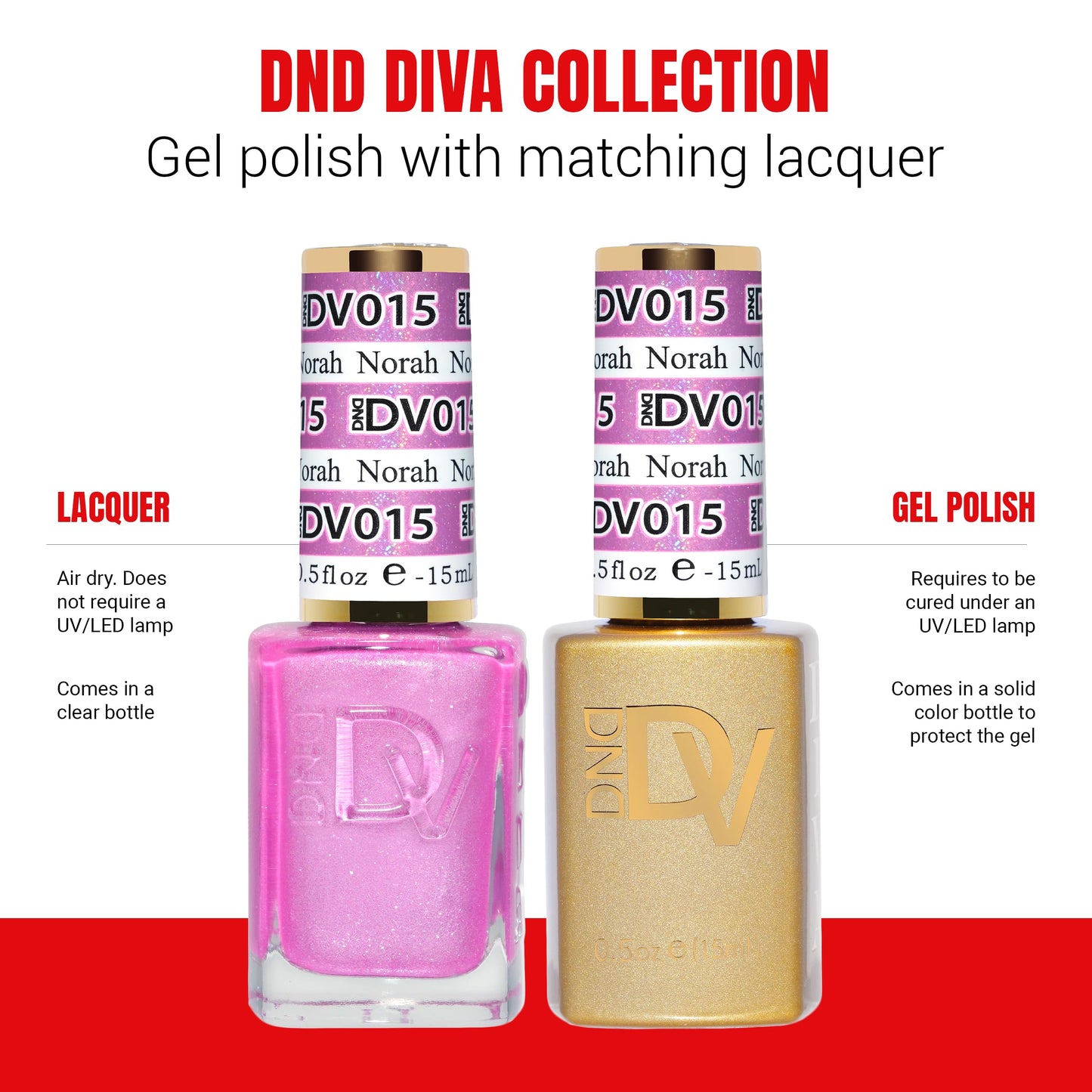 DND Gel Diva Polish Set, Mirrorball Collection, UV/LED Gel Polish and Air Dry Nail Lacquer, Matching Chip-Free Polish Duo, Pink015 Norah, 0.5 Fl Oz Each