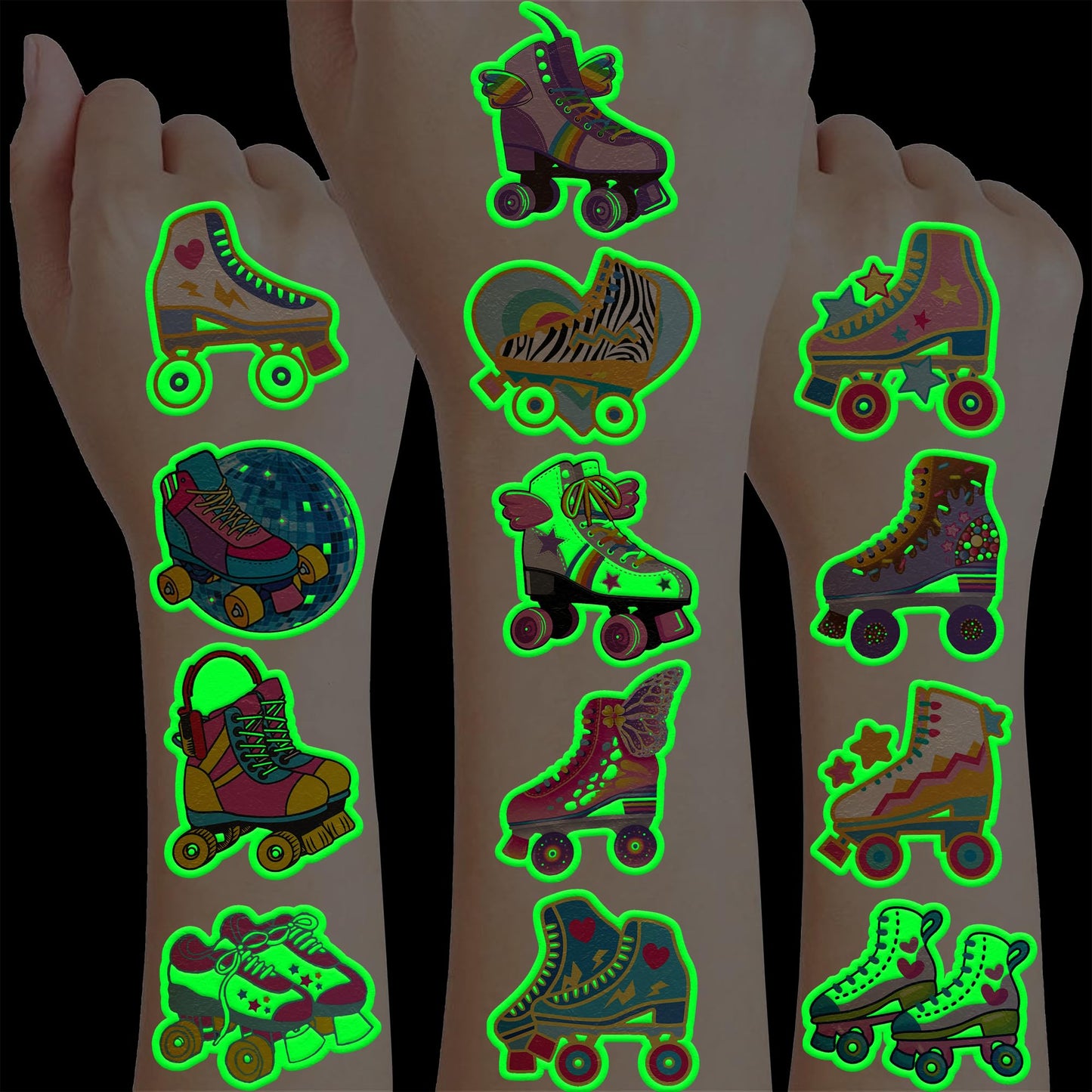 96 PCS Roller Skate Skating Pre-Cut Luminous Temporary Tattoos Themed Birthday Party Favors Decorations Supplies Decor Retro 80s 90s Disco Glow In The Dark Tattoo Stickers Gifts For Boys Girls Class