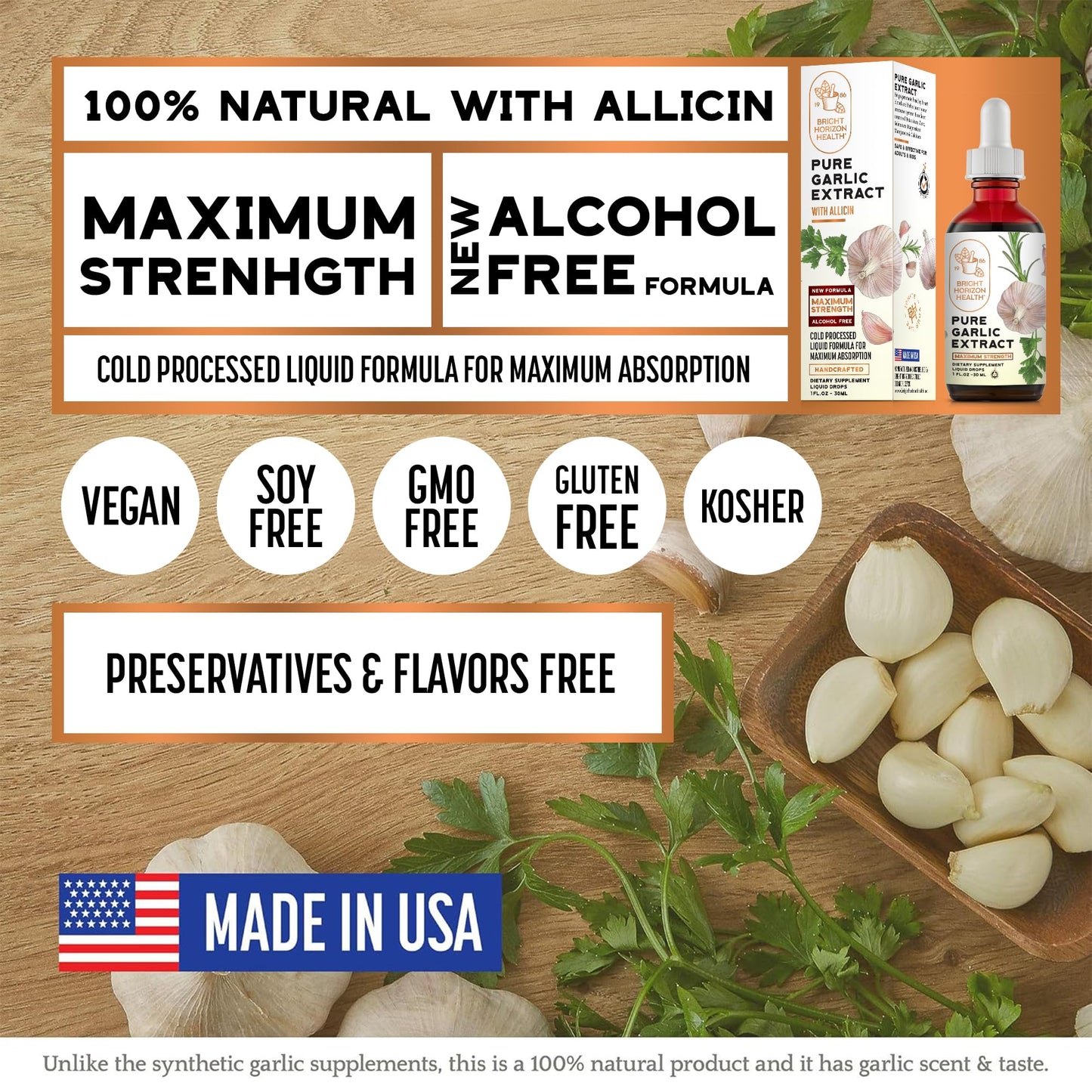 BRIGHT HORIZON HEALTH Pure Garlic Extract – Allicin Supplement – Immune Support. Alcohol-Free Formula, Vegan, Raw, Superfood – Liquid Garlic Oil Drops - 1 fl.oz