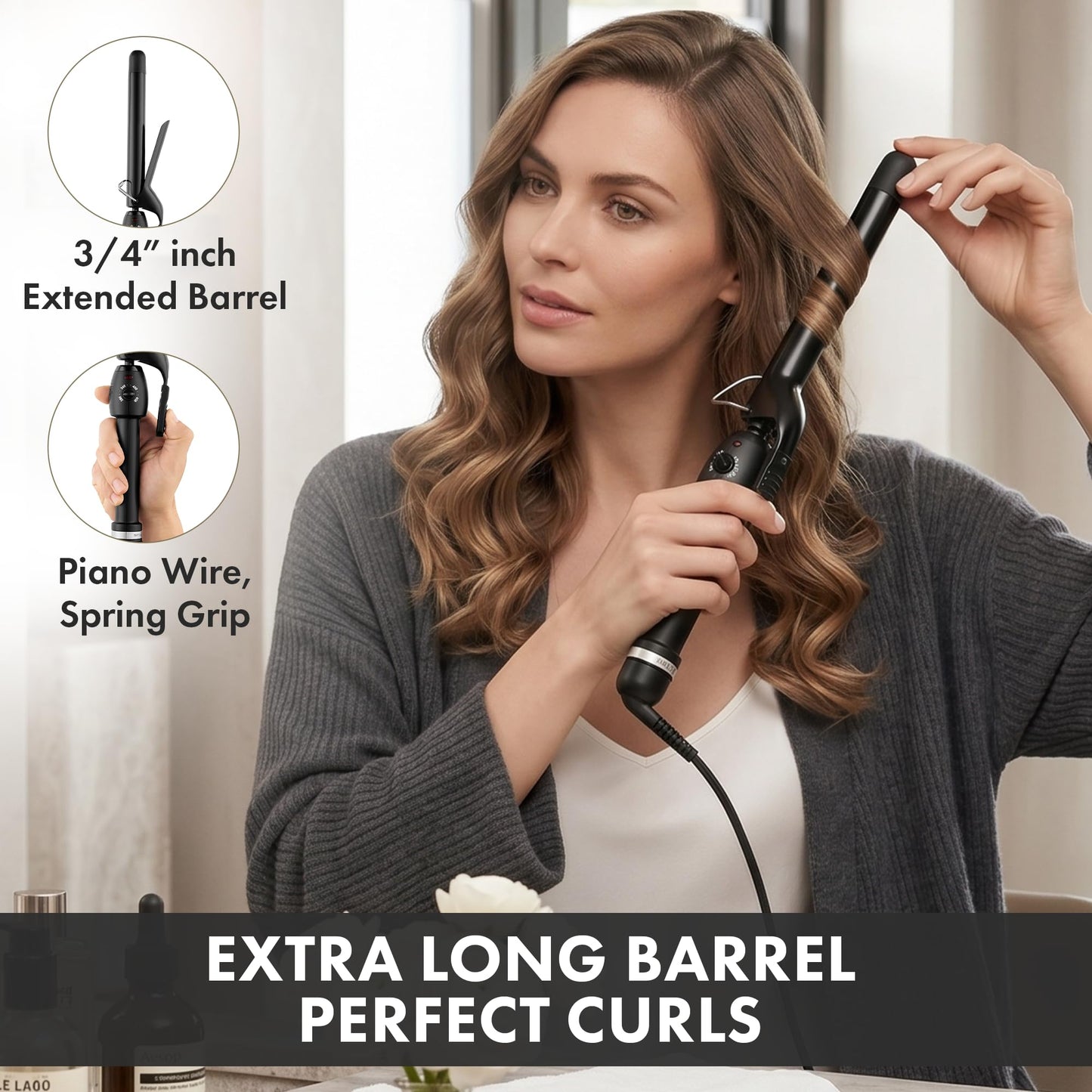 StyleCraft Stay-Temp Black Gold Ceramic 3/4” Long Barrel Curling Iron - 7" Extra-Long Barrel for Professional Styling, Infinite Temperature Control (280°F–450°F), Ideal for Long & Thick Hair