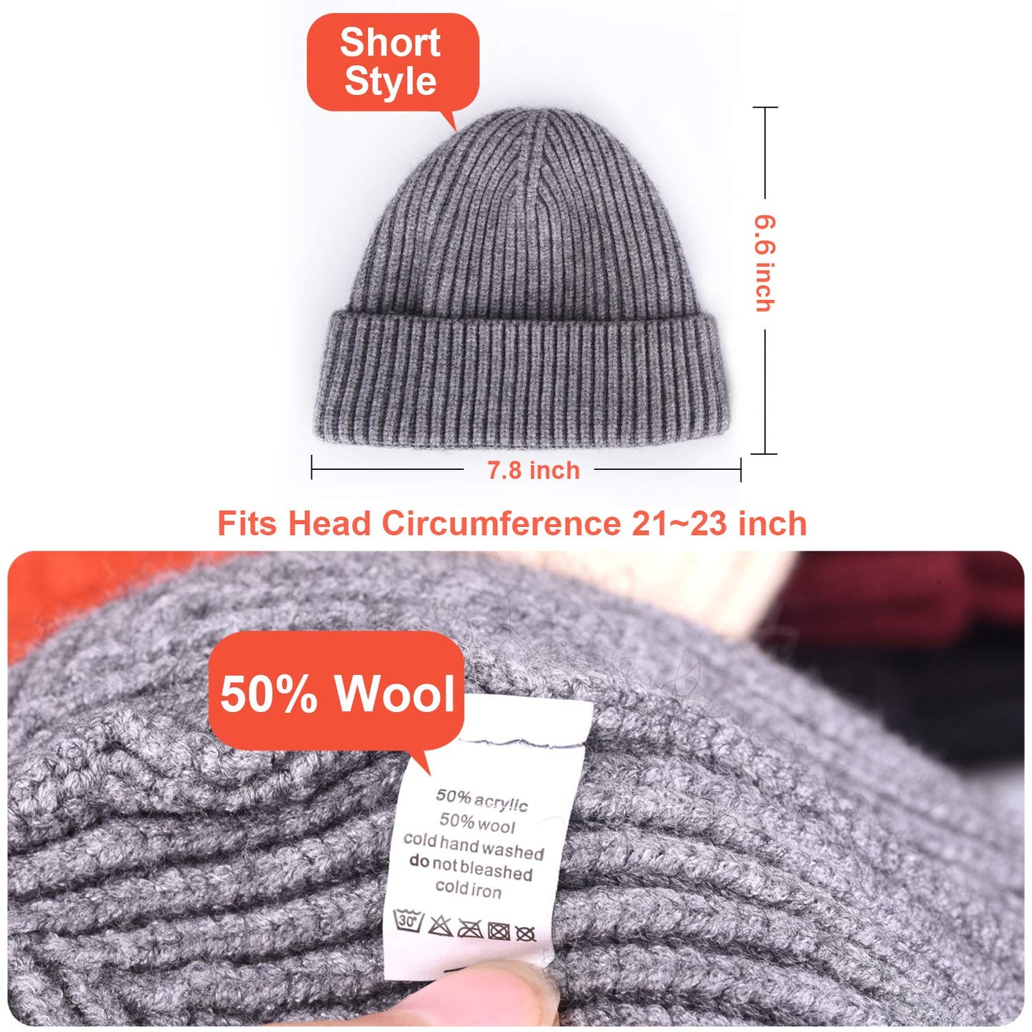 ROYBENS 4pcs Wool Fisherman Beanies for Men, Knit Short Watch Cap Winter Warm Hats