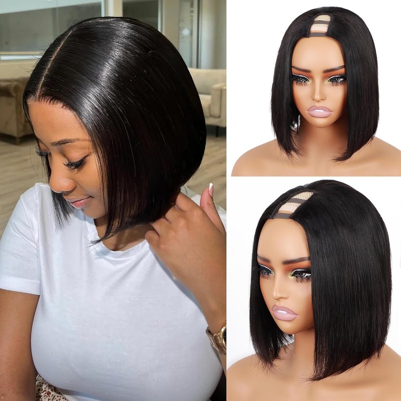 U Part Wig Human Hair - 12A Straight Bobo Wig, 180% Density | Beginner Friendly, 8-Inch, No Glue, Clip-In
