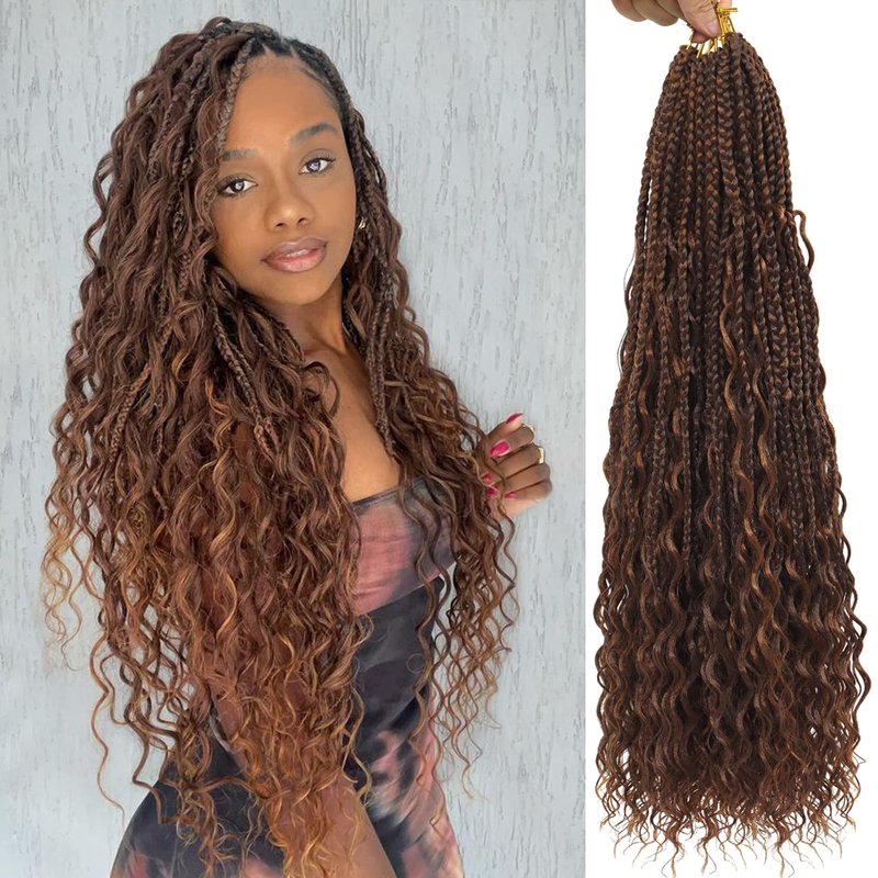 Eeanno Goddess Box Braids Crochet Hair Boho Hair for Women Pre Looped Crochet Box Braids with Curly Ends, 24 Inch, Chocolate Brown