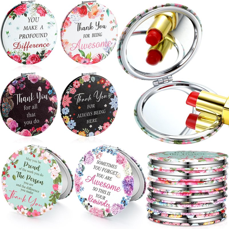 Pinkunn 24 Pcs Thank You Teacher Gifts Inspirational Compact Mirror Appreciation Gift Handheld Double Sided Magnifying Round Portable Pocket Small Travel Makeup Purse Mirror for Women Girl Coworker
