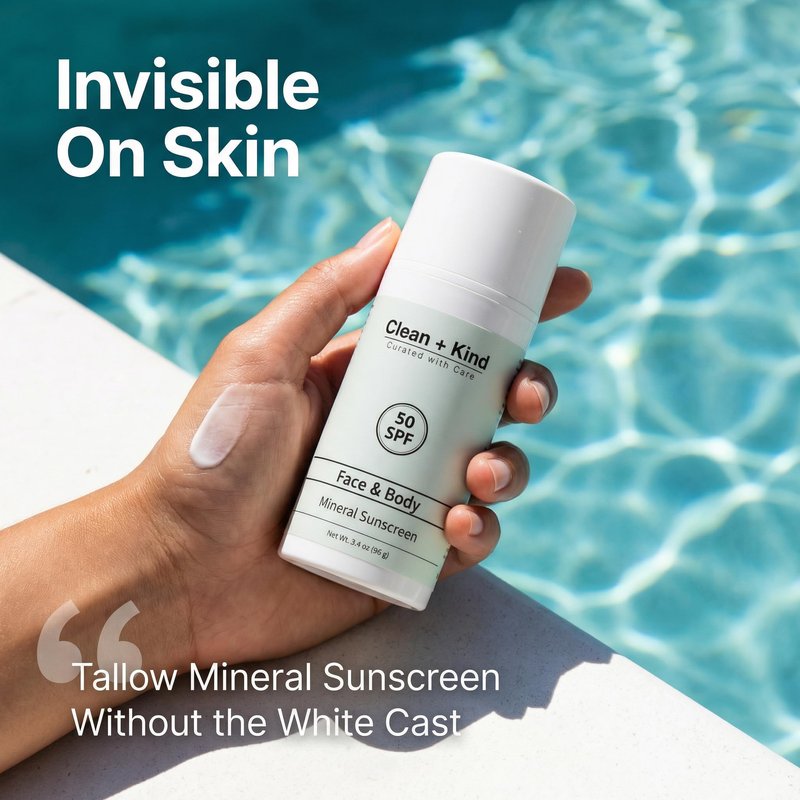Clean + Kind Tallow Sunscreen SPF 50 — Travel Size Mineral Sport Sunblock, Non-Nano Zinc Oxide, Reef-Safe, 80 Min Water-Resistant Body Protection (3.4 oz)