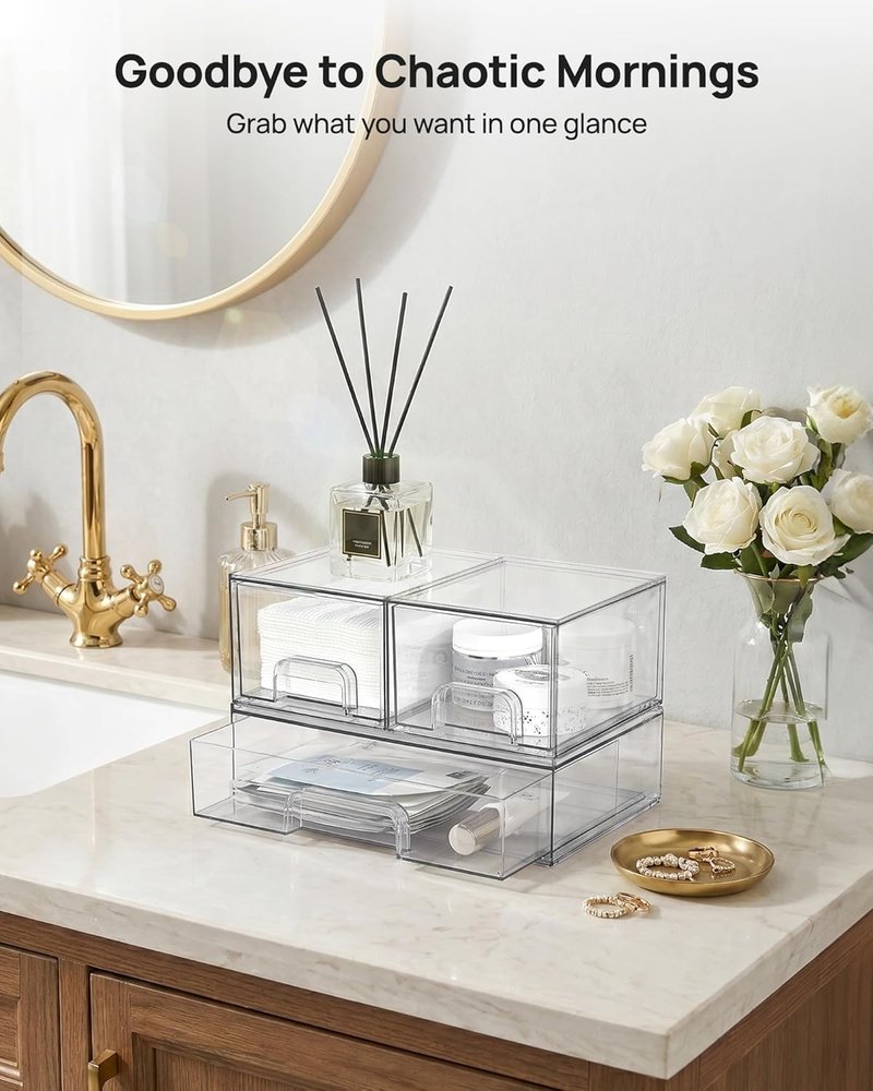 Stackable Storage Drawers - Clear Plastic Organizer Bins for Bathroom, Pantry & Laundry Room | Set of 4