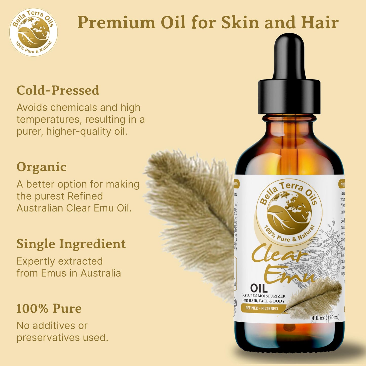 Bella Terra Oils - Clear Emu Oil 16oz - Ultra-Purified & Six-Times Refined, Rich in Omega-9, A Premium Choice for Skin & Hair Hydration