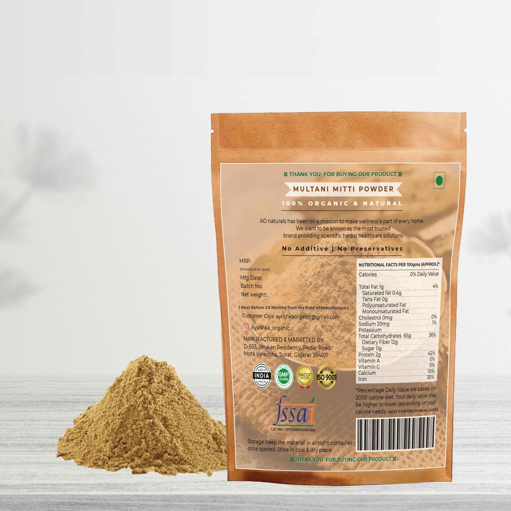 AYUSHKA ORGANIC Multani Mitti Powder | Fuller's Earth | Natural Skincare | Oil-Absorbing Beauty Treatment (8.8 OZ | 250 gm)