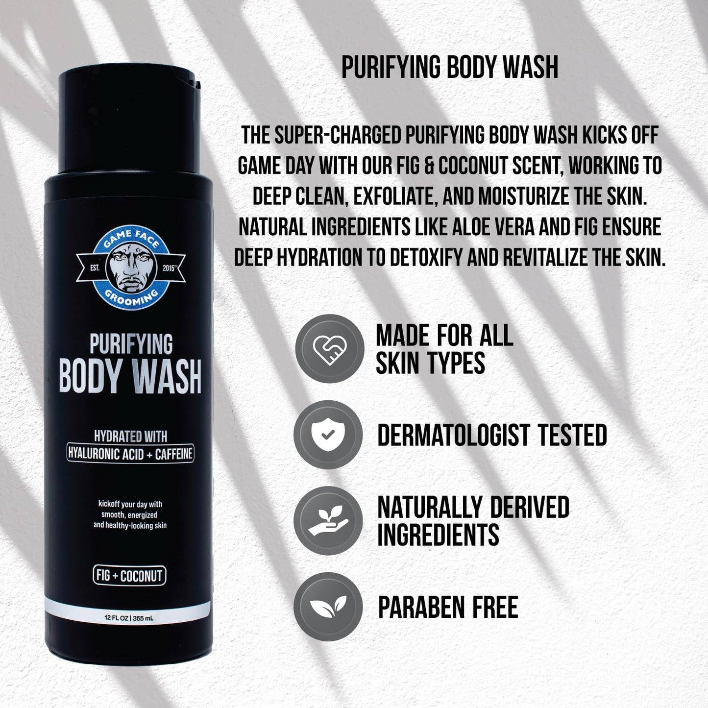 Game Face Grooming Body Wash – Men’s 12 Fl Oz Shower Gel | Cleanses, Exfoliates, And Hydrates Your Skin And Face| Plant Based And Sulfate Free | Fig & Coconut Scent