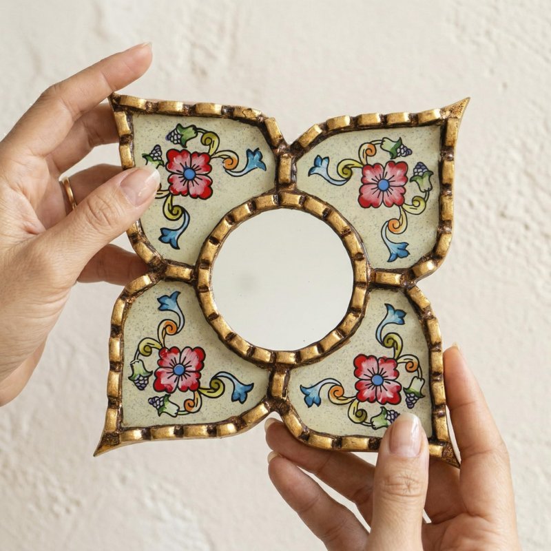 DecorContreras Small Peruvian Mirror, Handmade Artisan Mirror Wall Decor, Reverse Painted Glass Diamond Shape Mirrors 8.26" (Beige)