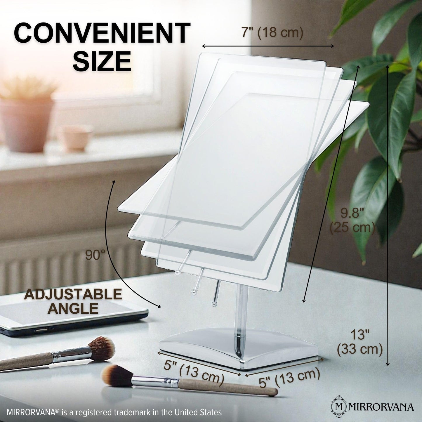 MIRRORVANA Large Table Desk Mirror with Stand for Office Desktop, Makeup Vanity and Bathroom Countertop - Personal Adjustable Face Mirror - 9.8" x 7"