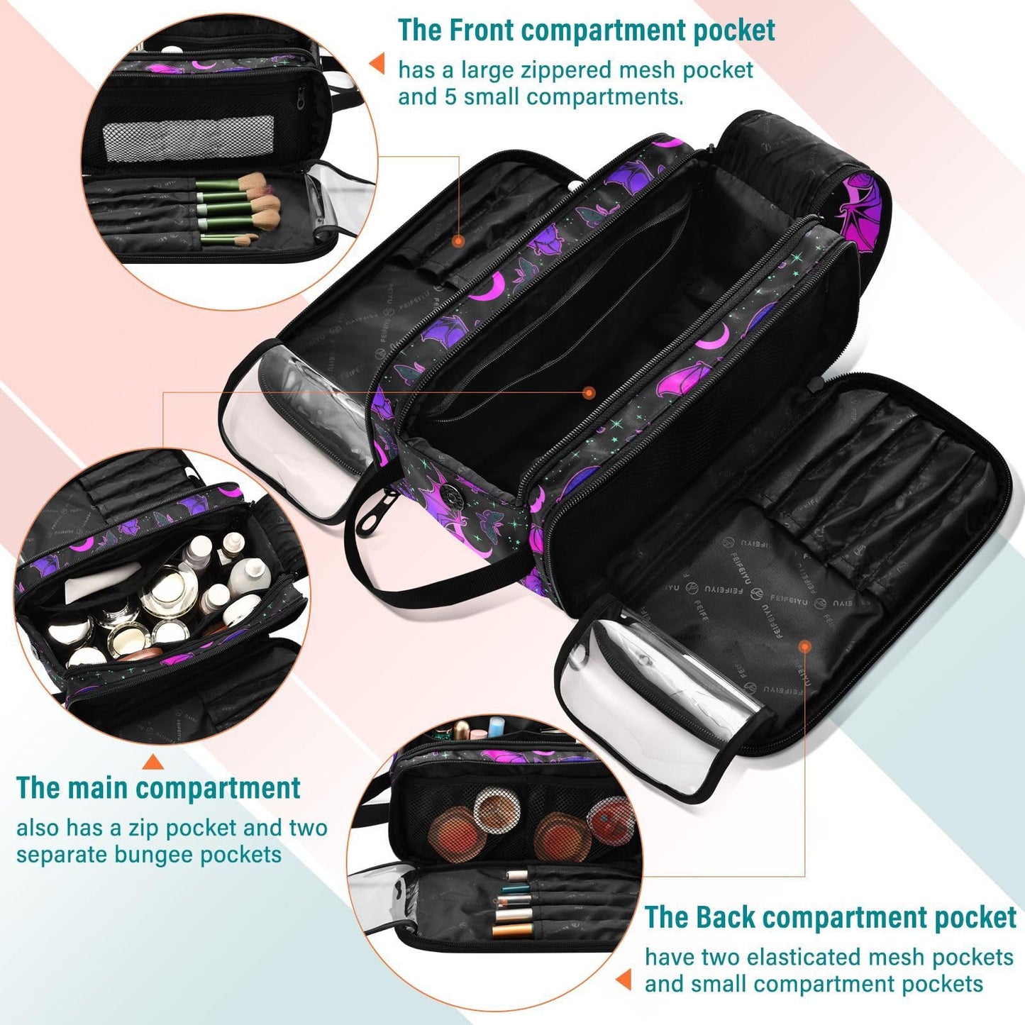 MNSRUU Travel Makeup Bag, Purple Bat Gothic Makeup Bag Large Capacity Cosmetic Bag Organizer, Portable Toiletry Bag for Travel Size