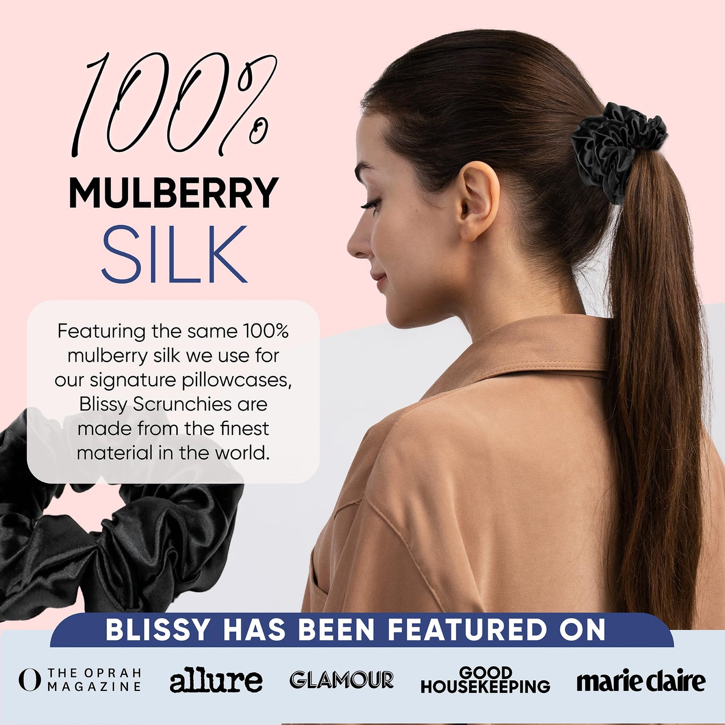 Blissy Silk Scrunchies (3 Pack) - 100% Pure Mulberry Silk - 22 Momme 6A High-Grade Fibers Scrunchie for Straight & Curly Hair - Preventing Breakage, Tangling, & Creasing (Black Skinny)