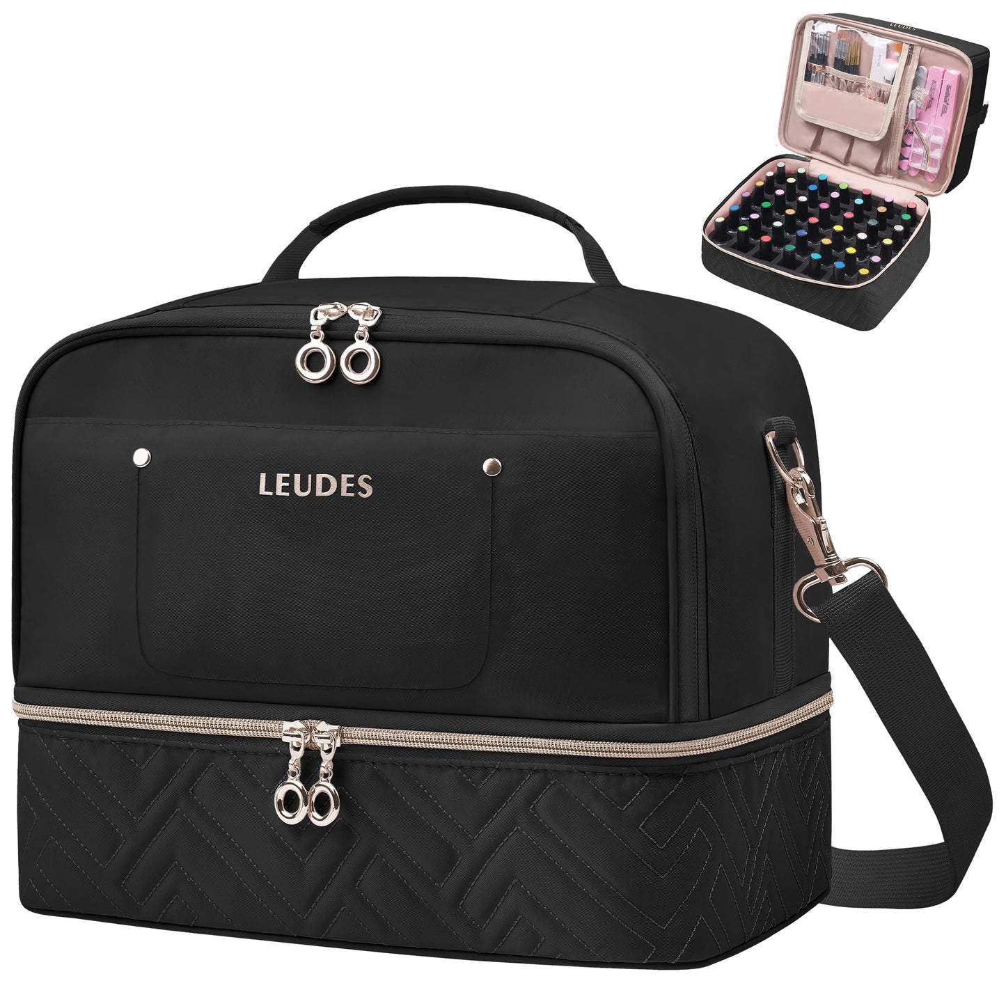 Leudes Nail Polish Organizer and Storage Holder 42 Bottles&Manicure Kit &Nail Lamp,Nail Stuff Bag Organizer Travel Case for Nail Tech Supplies Accessories Manicure Tools (Black)