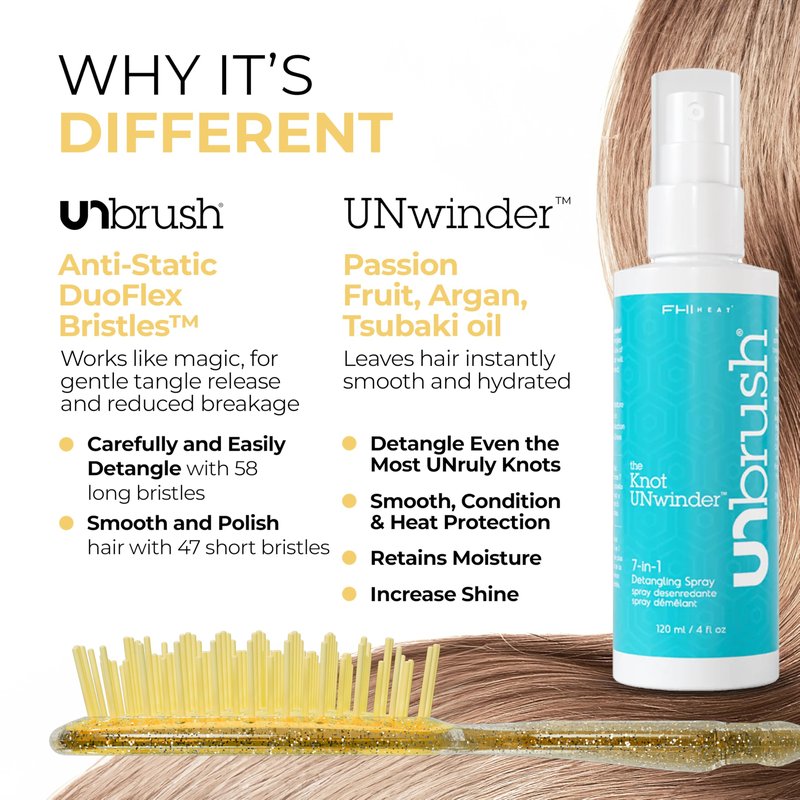 FHI Heat UNbrush Detangling Brush and UNwinder Detangling Spray Combo Pack - Tangle-Free Hair, Pain-Free Brushing, Anti-Static Bristles, Lightweight Hair Brush, Amber Yellow