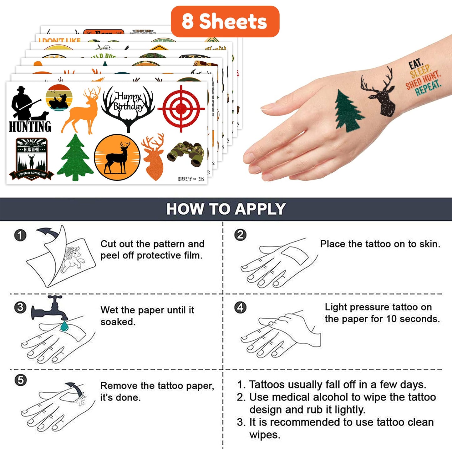 88 PCS Hunting Temporary Tattoos for Kids - Hunting Oh Deer Camo Party