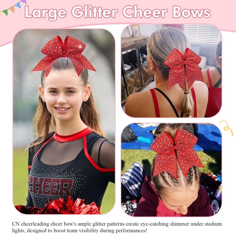 Rhinestone Cheer Bows - 10PCS Red Glitter Hair Bows for Girls | Large Elastic Ponytail Holders for Cheerleading & School Spirit