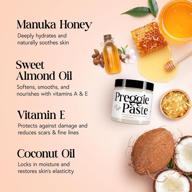 Preggie Paste Belly Butter - Stretch Mark Cream for Pregnancy & Postpartum | Non-Toxic Moisturizer with Manuka Honey & Vitamin E - 3.7oz