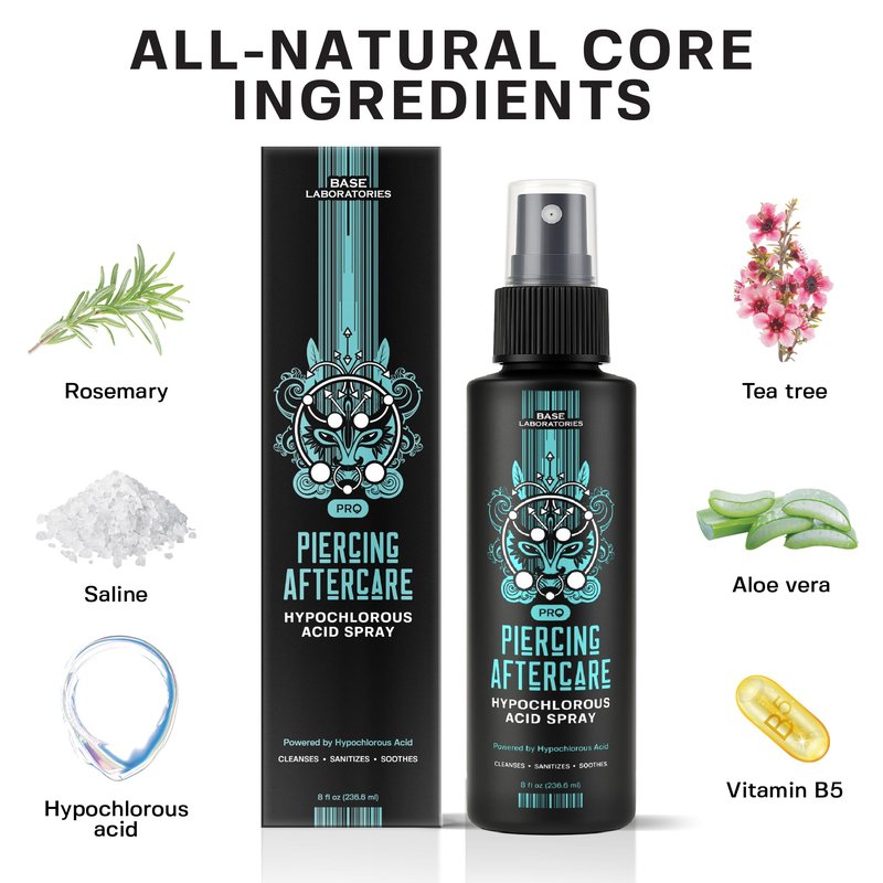 BASE LABORATORIES Piercing Aftercare Hypochlorous Acid Spray PRO - 8 OZ | Saline Solution Piercing Aftercare - Saline Spray for Ear Piercings, Bumps & Keloids | Ear, Nose, Belly - 2PK