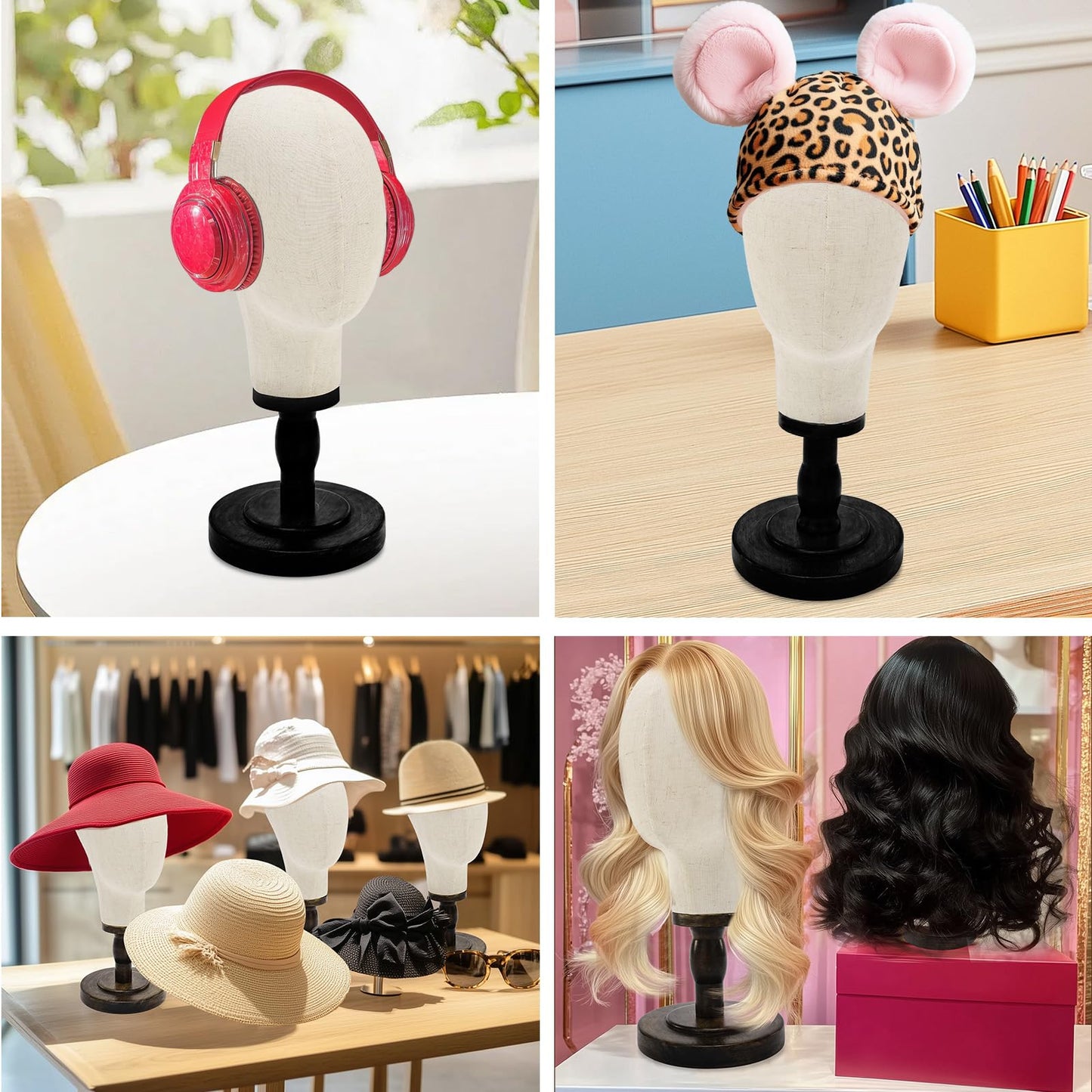 Pet Baby Wig Stand,22inch Mannequin Head with Detachable Wood Base,Canvas Head Holder for Hair Styling Jewelry Glasses Headband Display, Wig Stand for Wigs,Hats, Caps, Headdress,Black