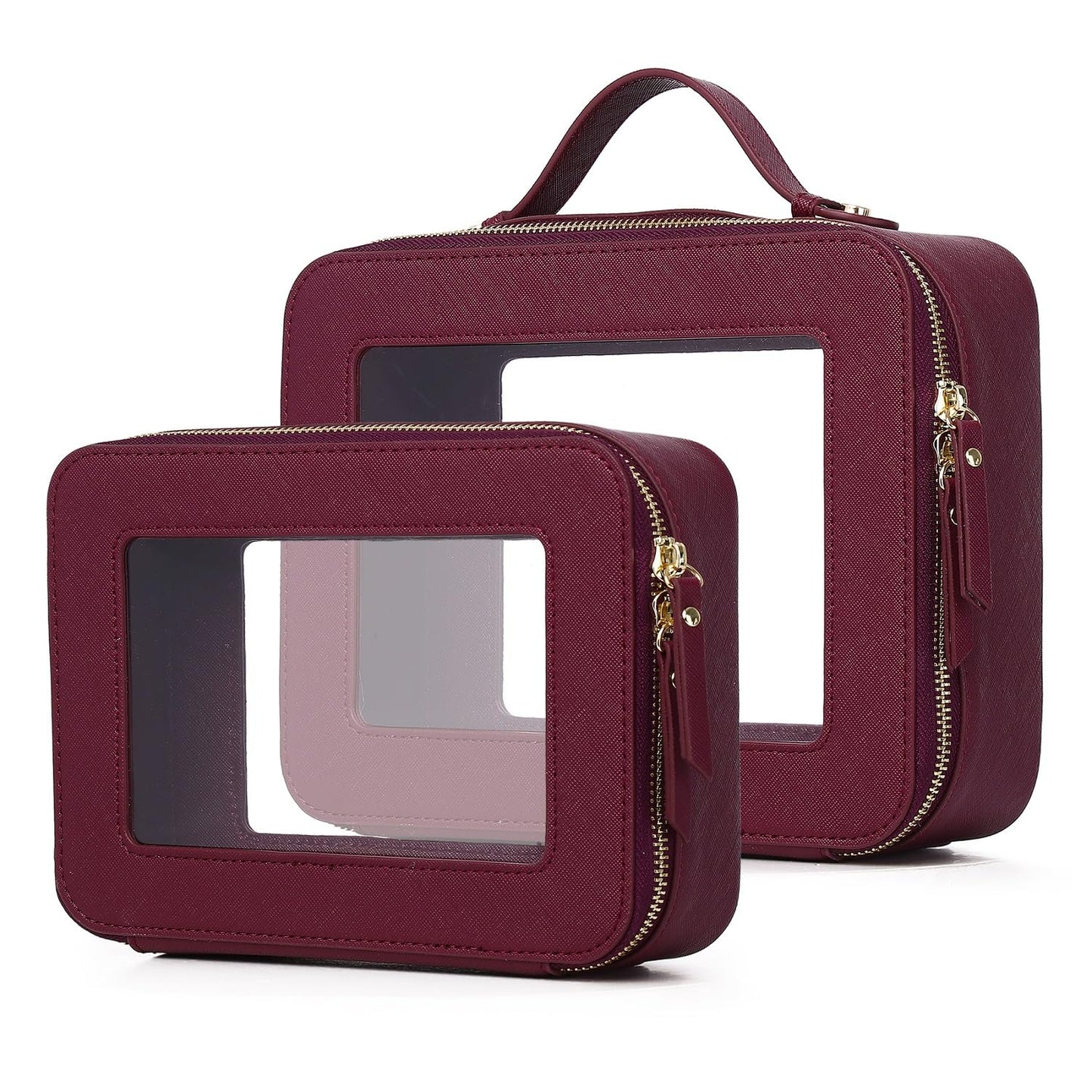 Pinkmik Clear Makeup Bag for Women Waterproof Travel Cosmetics and Toiletries Case Portable Makeup Oaganizer Bag Clear Car Bag with Zipper (X/Burgundy, M+L)