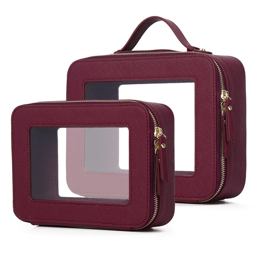 Pinkmik Clear Makeup Bag for Women Waterproof Travel Cosmetics and Toiletries Case Portable Makeup Oaganizer Bag Clear Car Bag with Zipper (X/Burgundy, M+L)