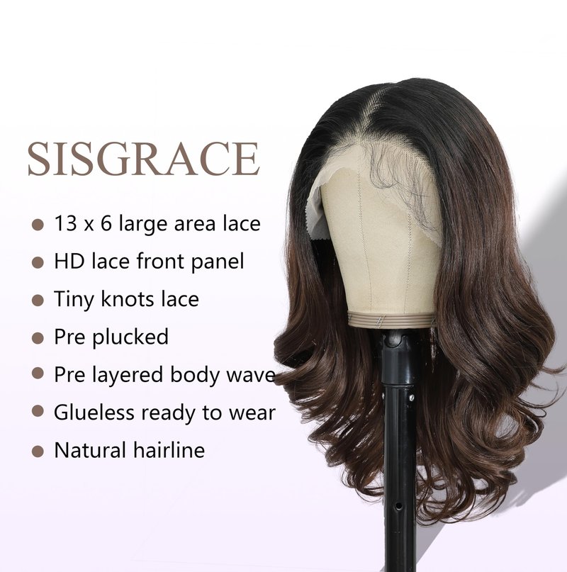 SISgrace Natural Black Ombre Brown 13 * 6 HD Lace Front Wigs Synthetic Glueless Pre Layered Body Wave Wigs for Women Pre Plucked 18 Inch Tiny Knots Lace Natural Hairline Bob Wigs