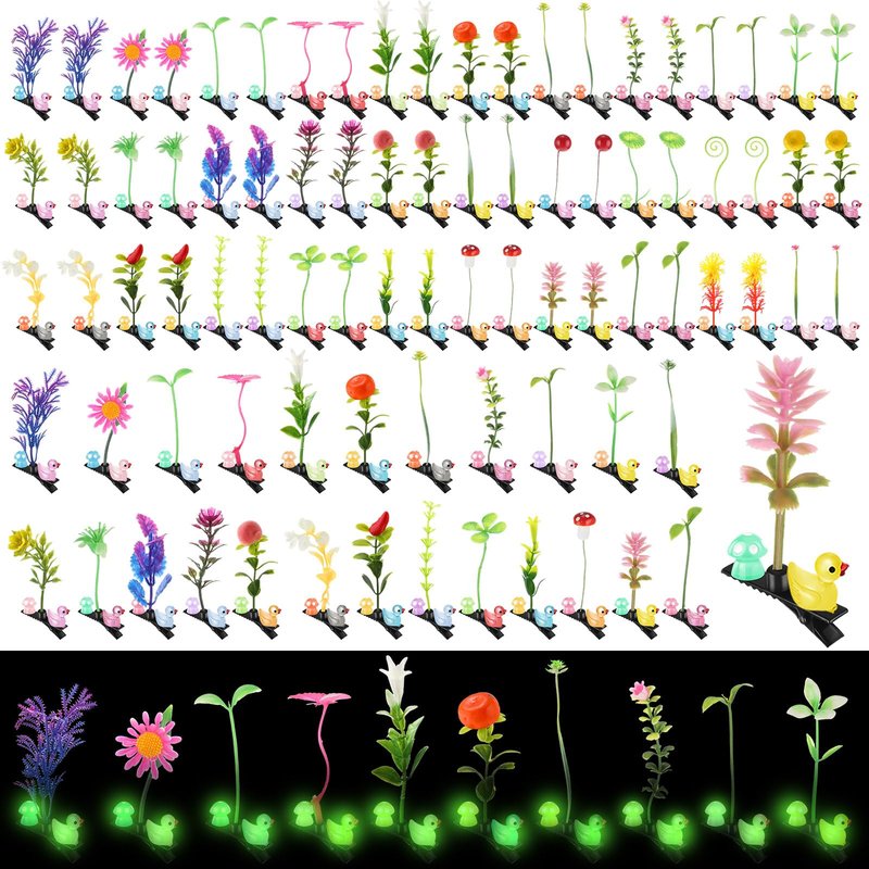 Tigeen Glow Rave Trinkets Festival Duck Hair Clip with Bean Sprout Mushroom Sprout Hairpins Holiday Funny Plant Flower Hair Accessories for Women Music Festival(100 Pcs,Mixed Plant)